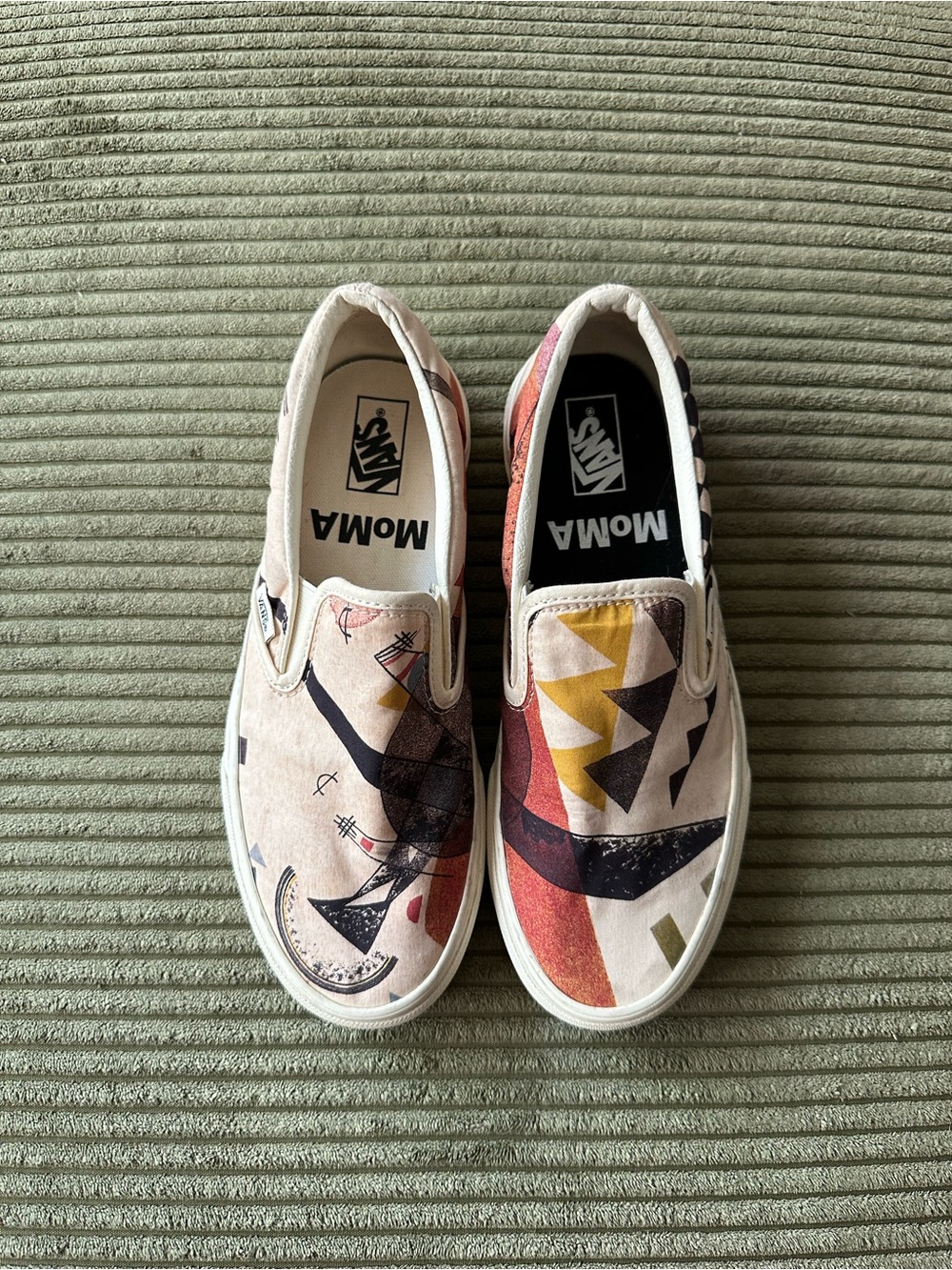 Vans x MoMA Slip-On Sneakers in Cream, Black, Red & Yellow Abstract Print